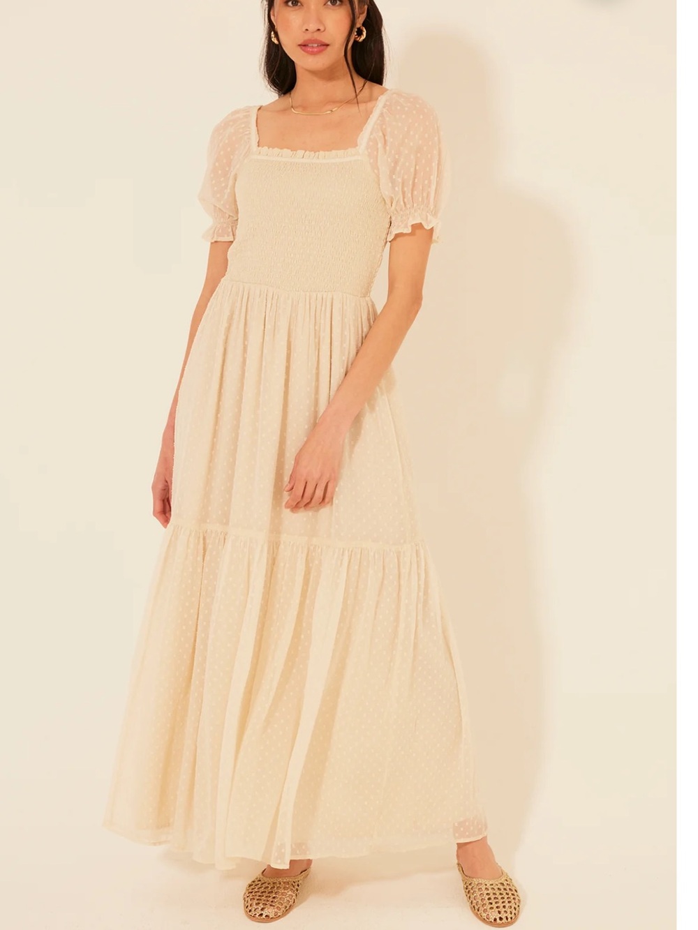 Patrons of Peace Cream Swiss-Dot Maxi Dress